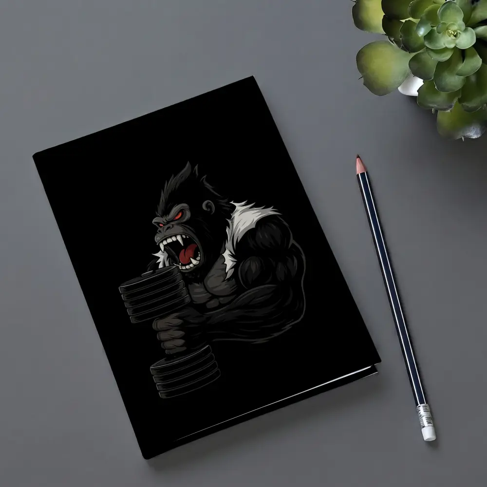 Angry Gorilla Lifting Dumbbell Black Background – Notebooks