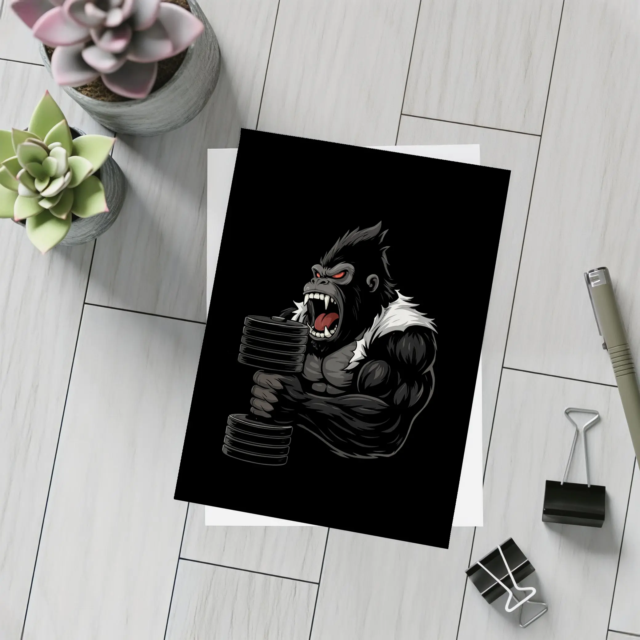 Angry Gorilla Lifting Dumbbell Black Background – Postcards