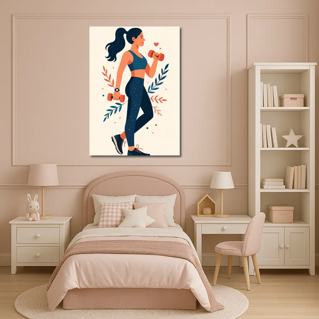 Woman Lifting Dumbbells Floral Flat Art Style – Wall Art