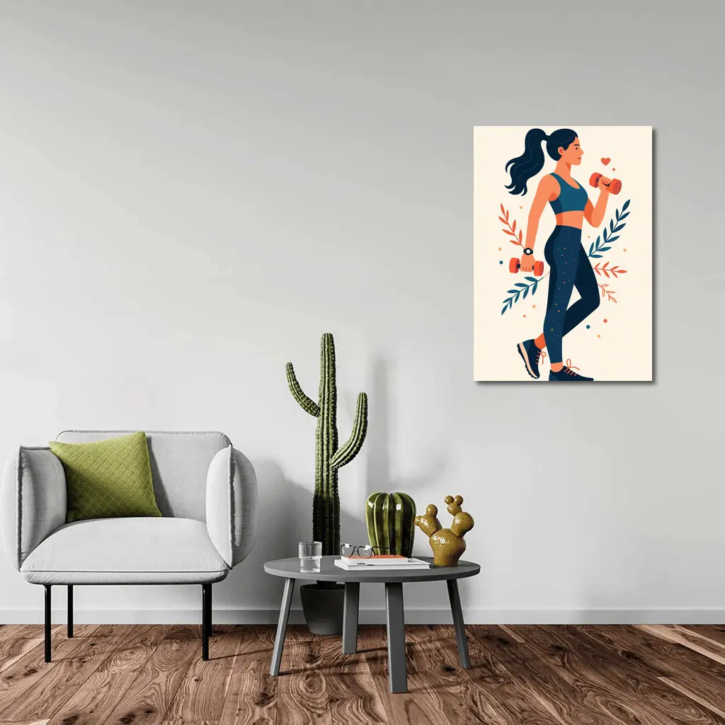 Woman Lifting Dumbbells Floral Flat Art Style – Wall Art