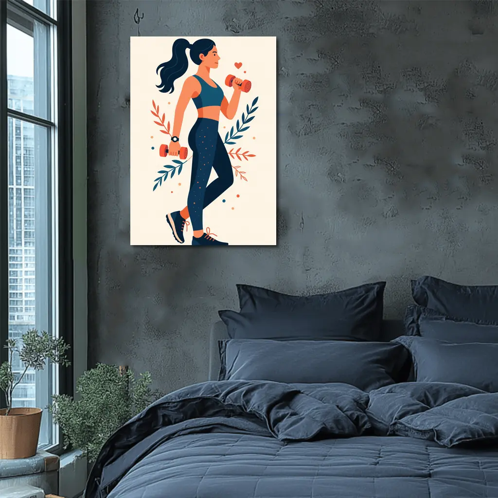 Woman Lifting Dumbbells Floral Flat Art Style – Wall Art