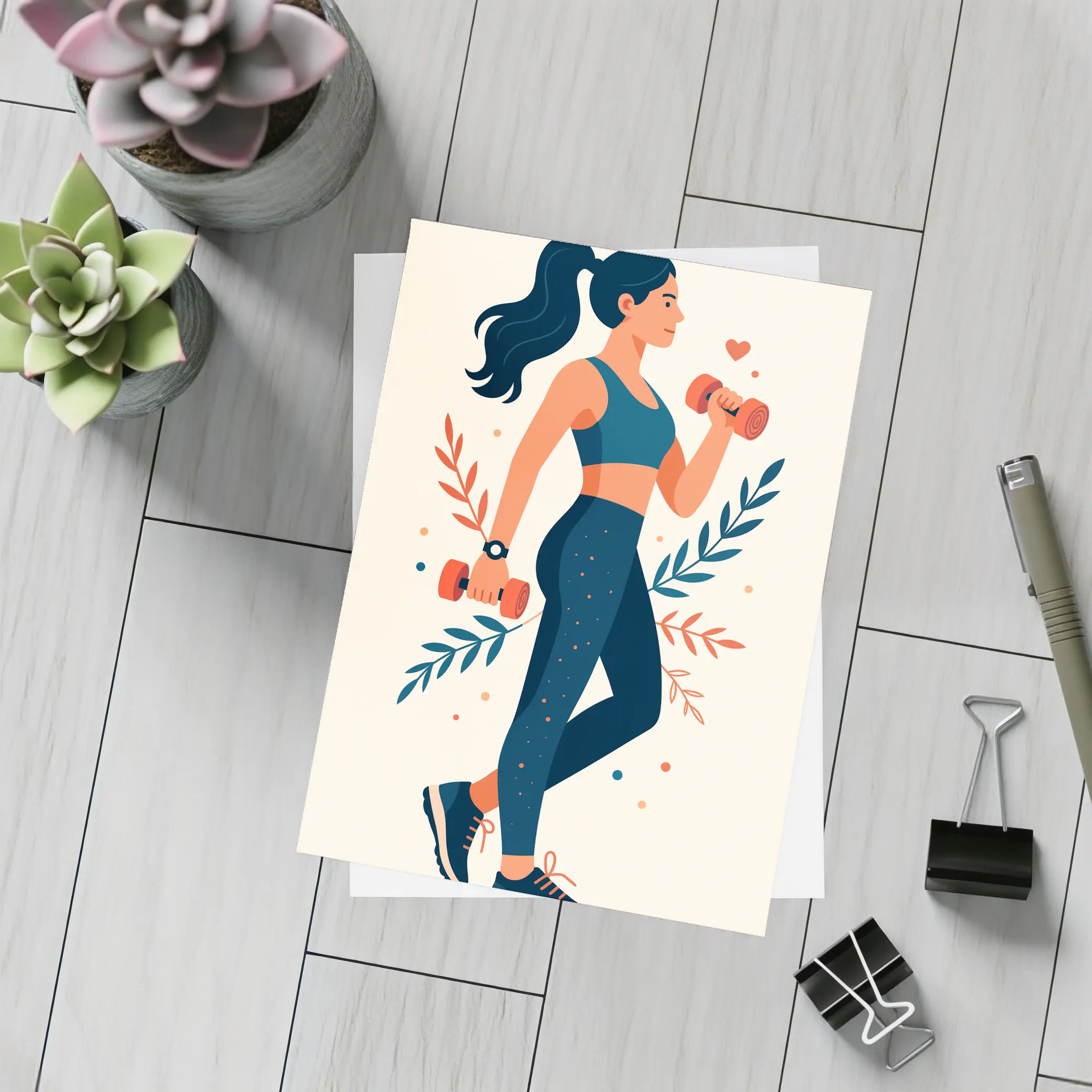 Woman Lifting Dumbbells Floral Flat Art Style – Postcards