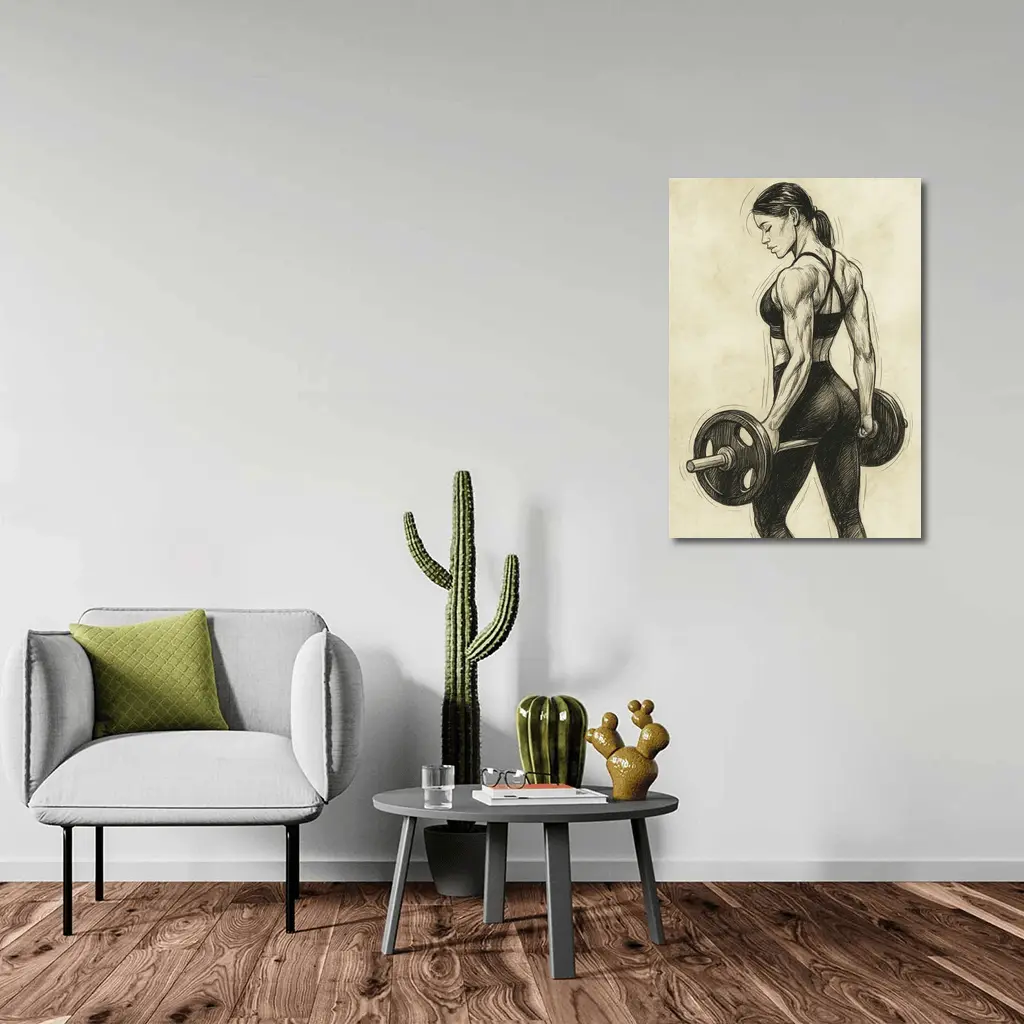 Strong Woman Lifting Barbell Sketch Art – Wall Art