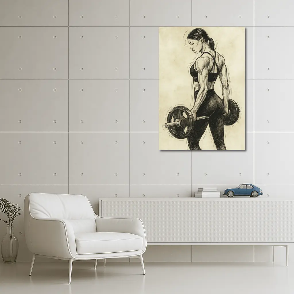 Strong Woman Lifting Barbell Sketch Art – Wall Art