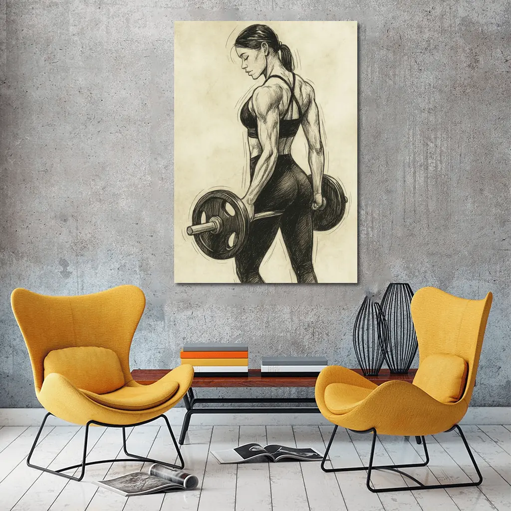 Strong Woman Lifting Barbell Sketch Art – Wall Art