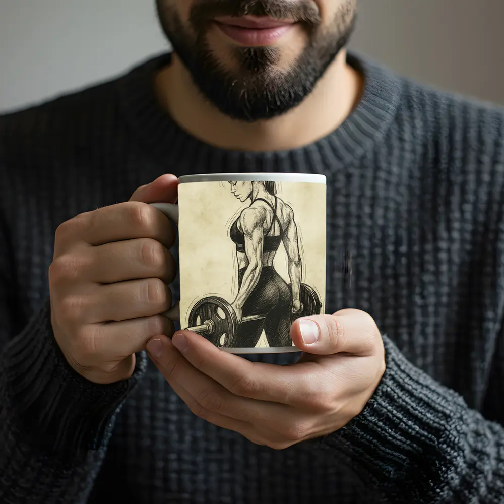 Strong Woman Lifting Barbell Sketch Art – Mugs