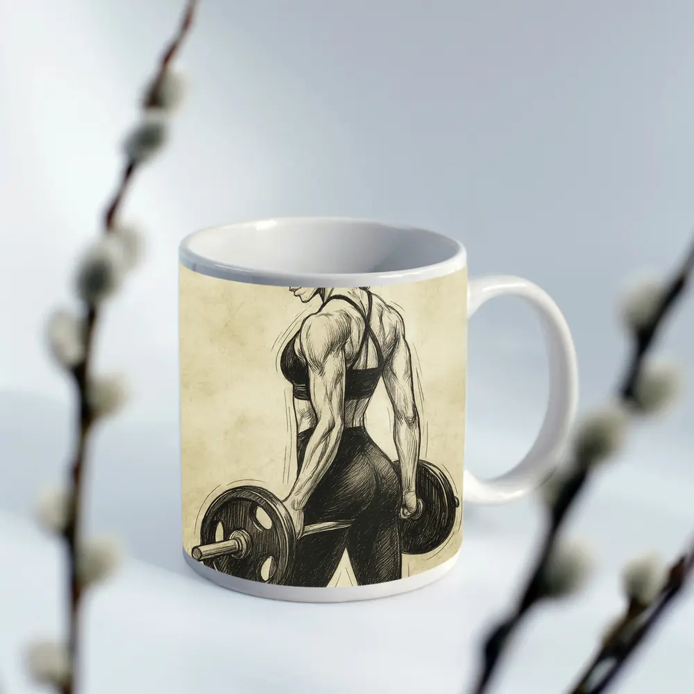 Strong Woman Lifting Barbell Sketch Art – Mugs