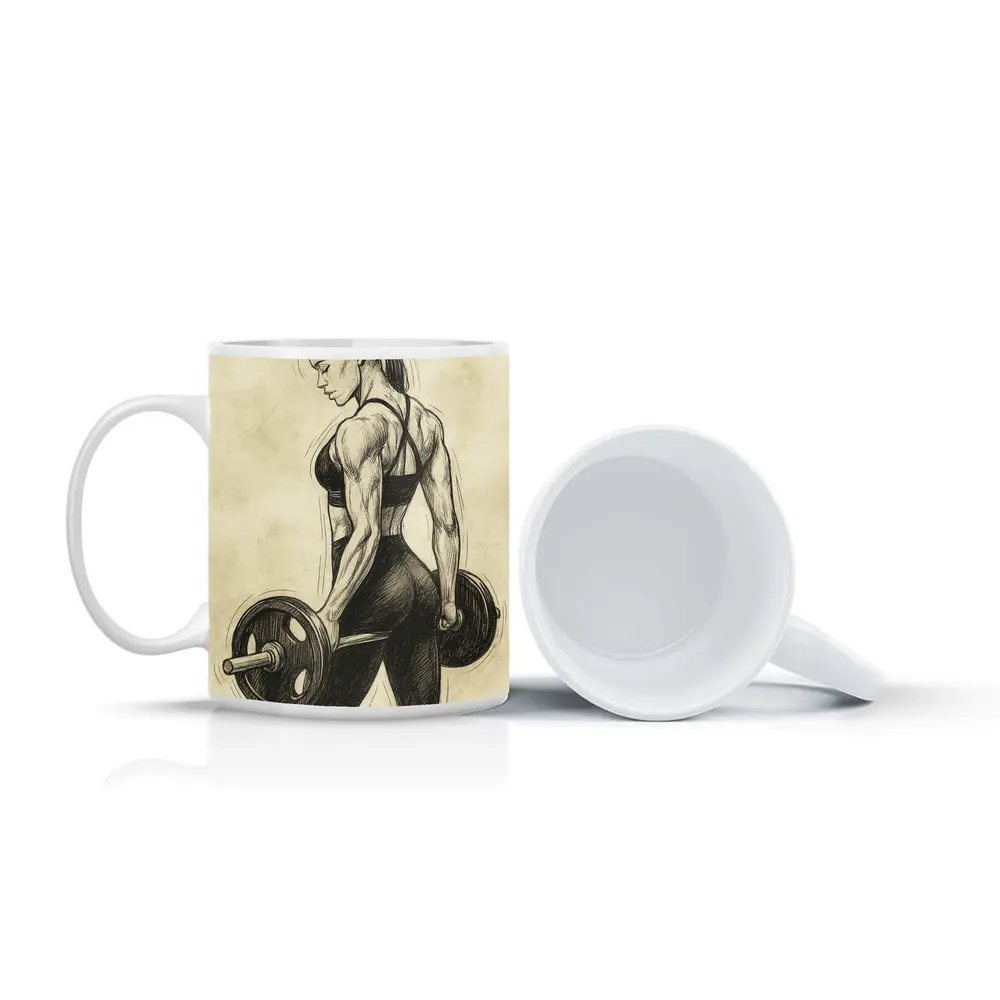 Strong Woman Lifting Barbell Sketch Art – Mugs
