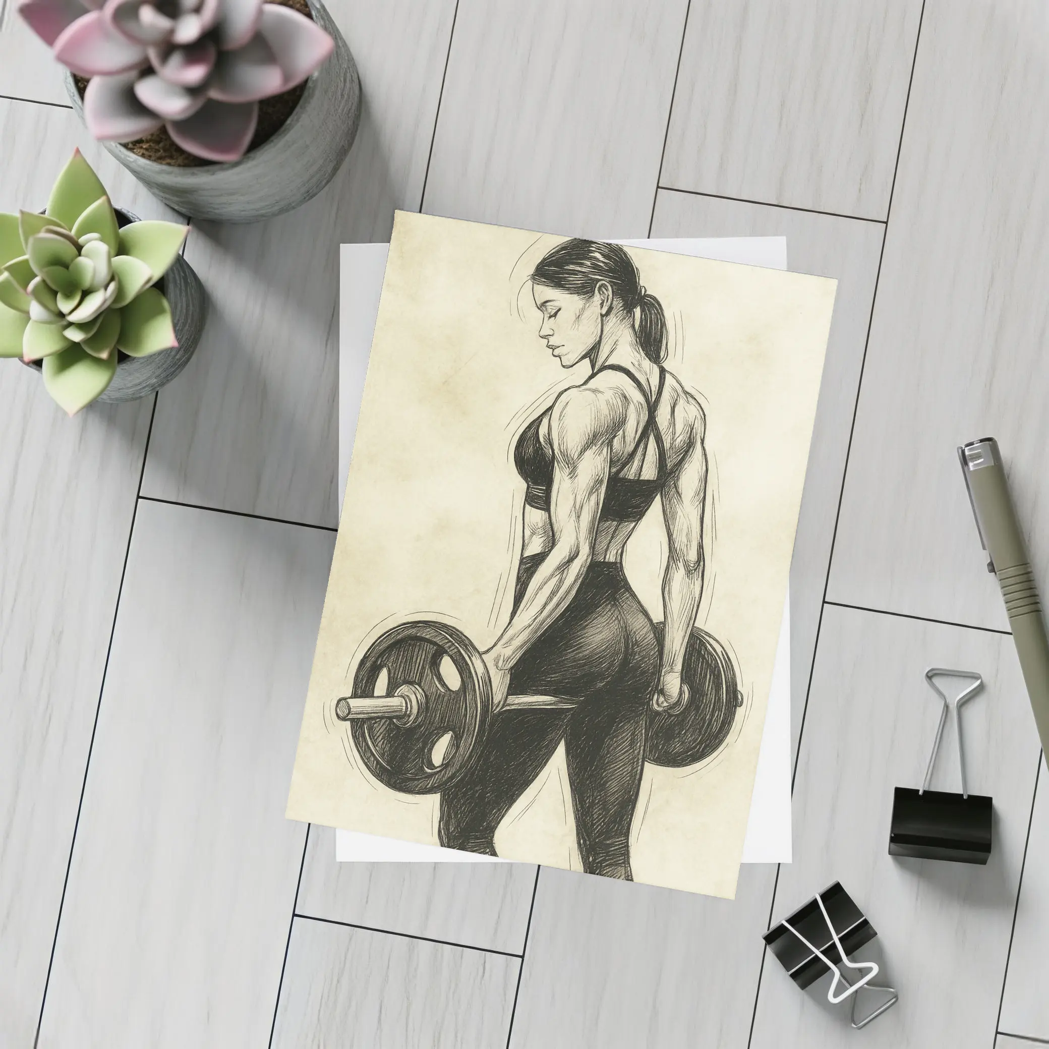 Strong Woman Lifting Barbell Sketch Art – Postcards