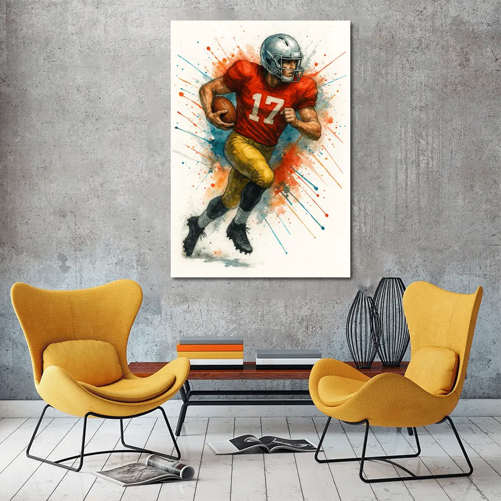 Football Player Number Seventeen Watercolor Splash Art – Wall Art