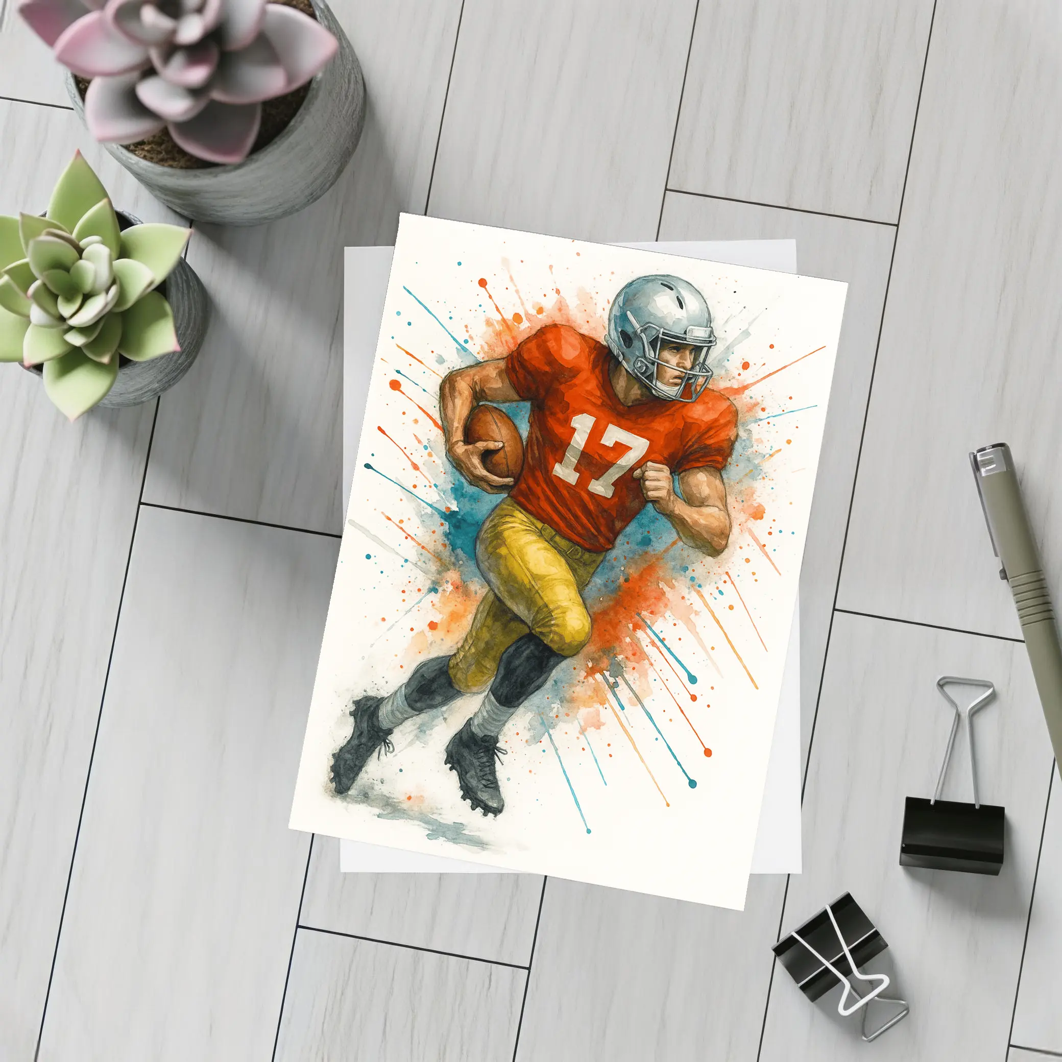 Football Player Number Seventeen Watercolor Splash Art – Postcards