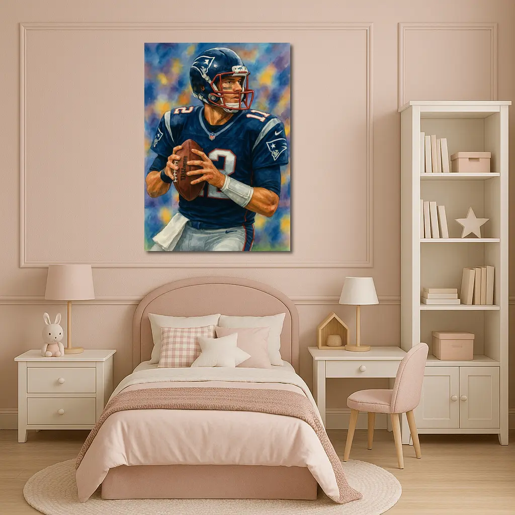 Patriots Quarterback Watercolor Art Blue Background – Wall Art