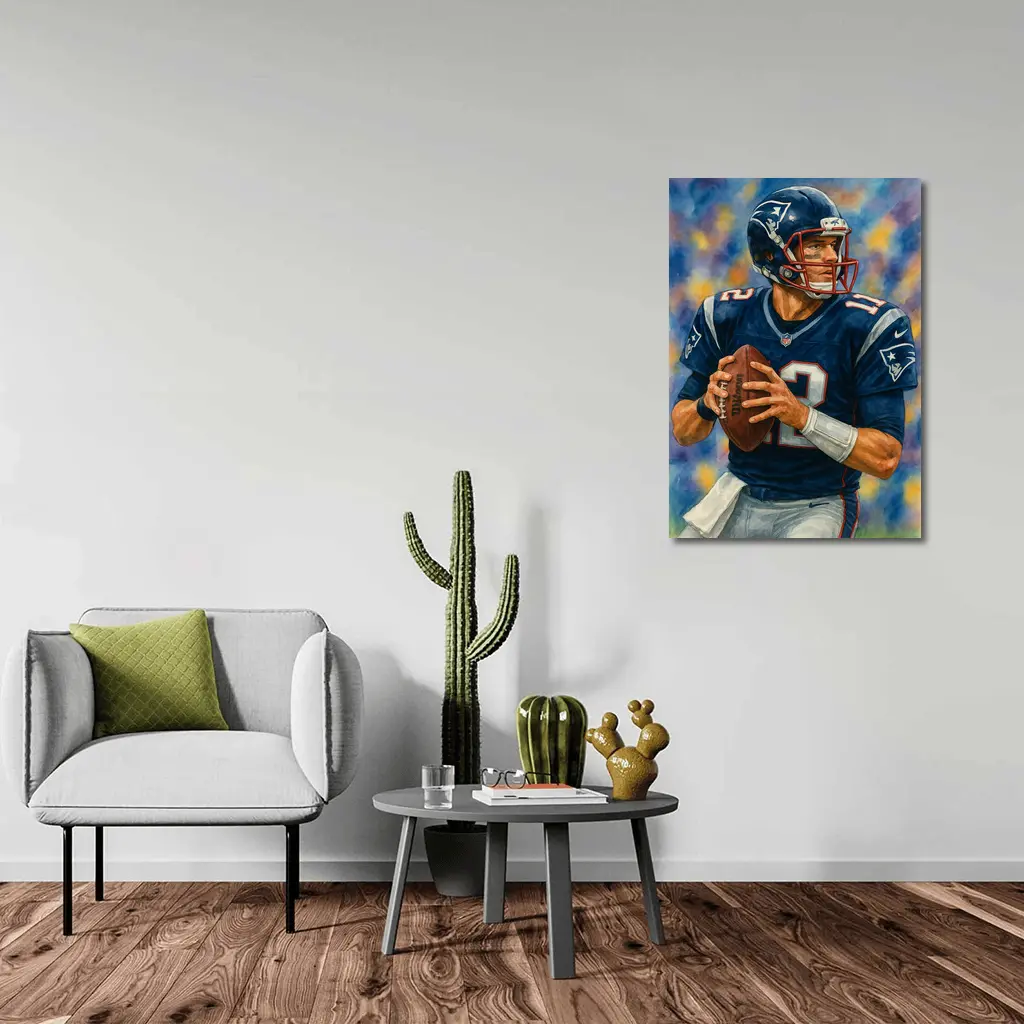 Patriots Quarterback Watercolor Art Blue Background – Wall Art