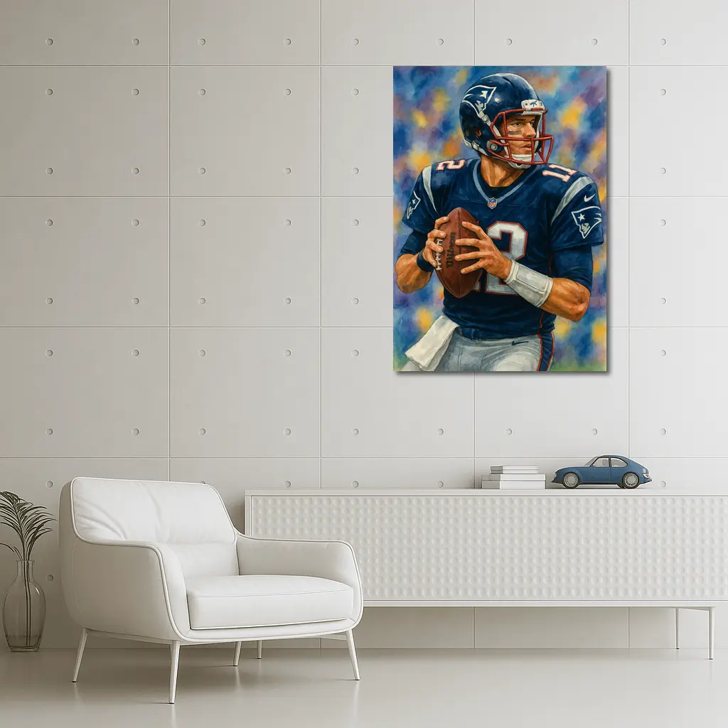 Patriots Quarterback Watercolor Art Blue Background – Wall Art