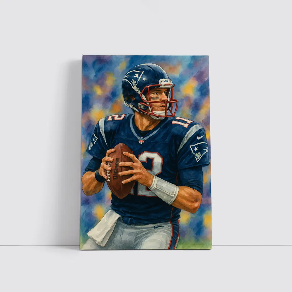 Patriots Quarterback Watercolor Art Blue Background – Wall Art