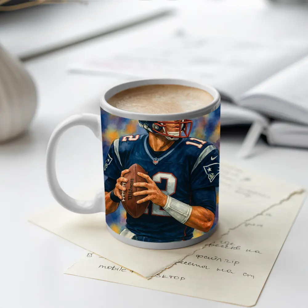 Patriots Quarterback Watercolor Art Blue Background – Mugs