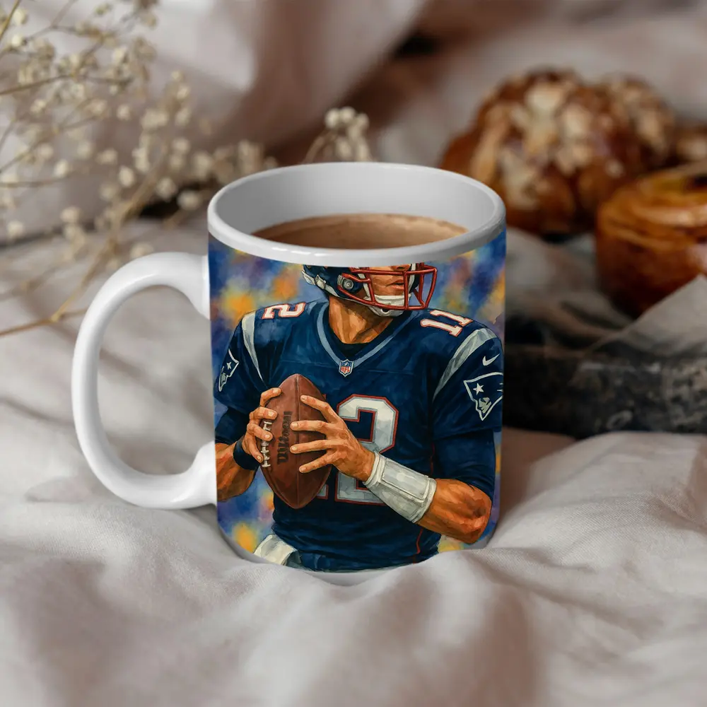 Patriots Quarterback Watercolor Art Blue Background – Mugs