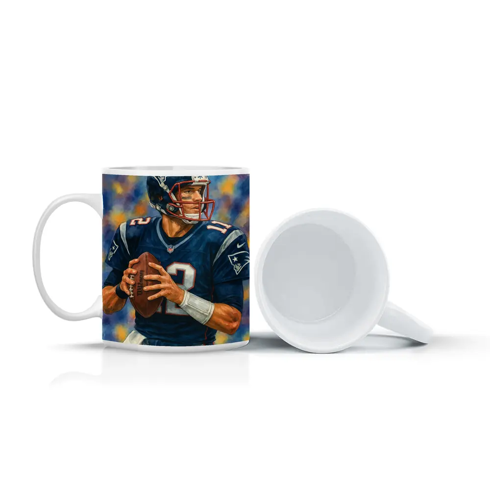 Patriots Quarterback Watercolor Art Blue Background – Mugs