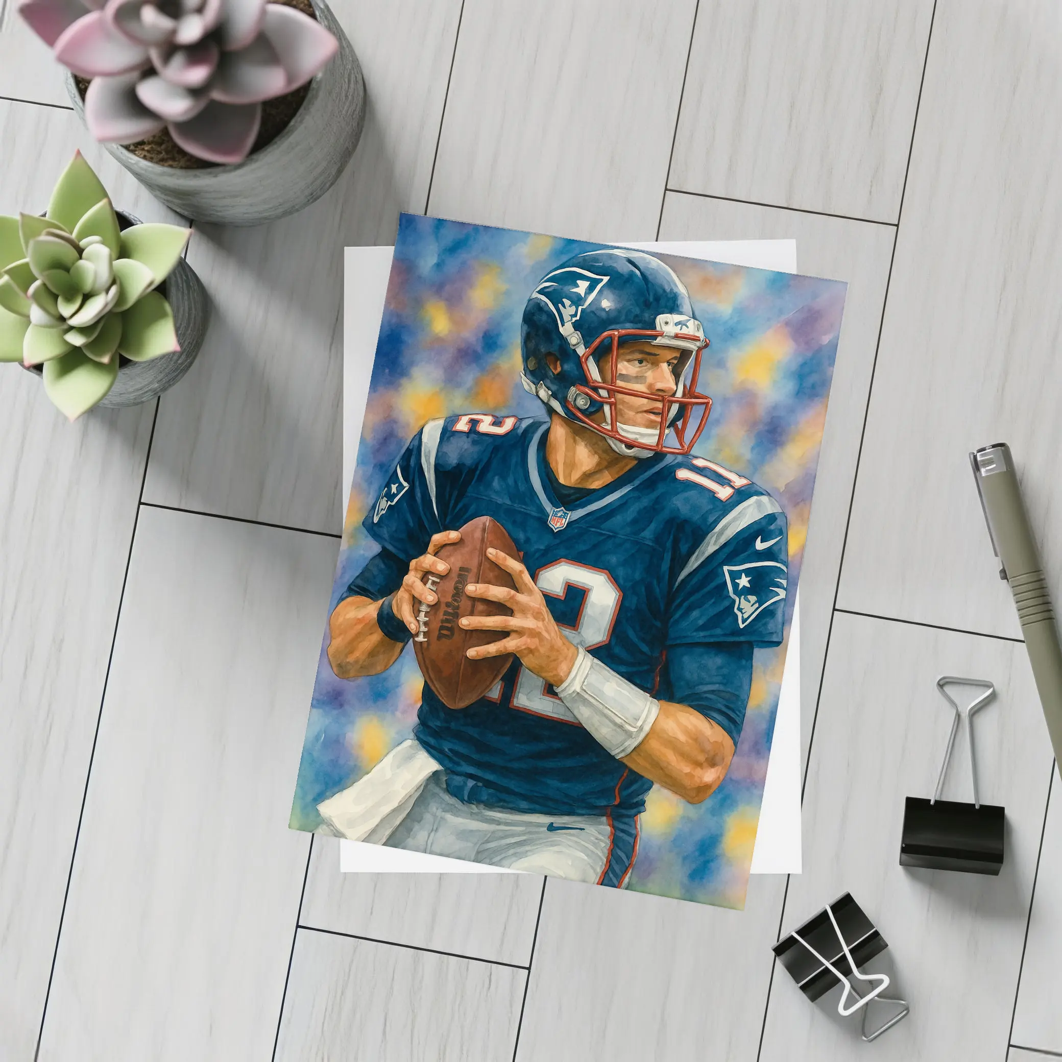 Patriots Quarterback Watercolor Art Blue Background – Postcards