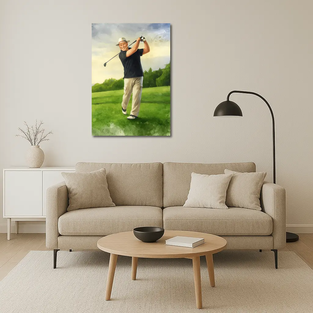 Watercolor Golfer Swing On Green Course – Wall Art