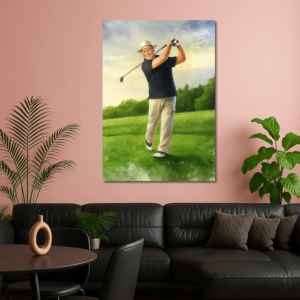 Watercolor Golfer Swing On Green Course – Wall Art