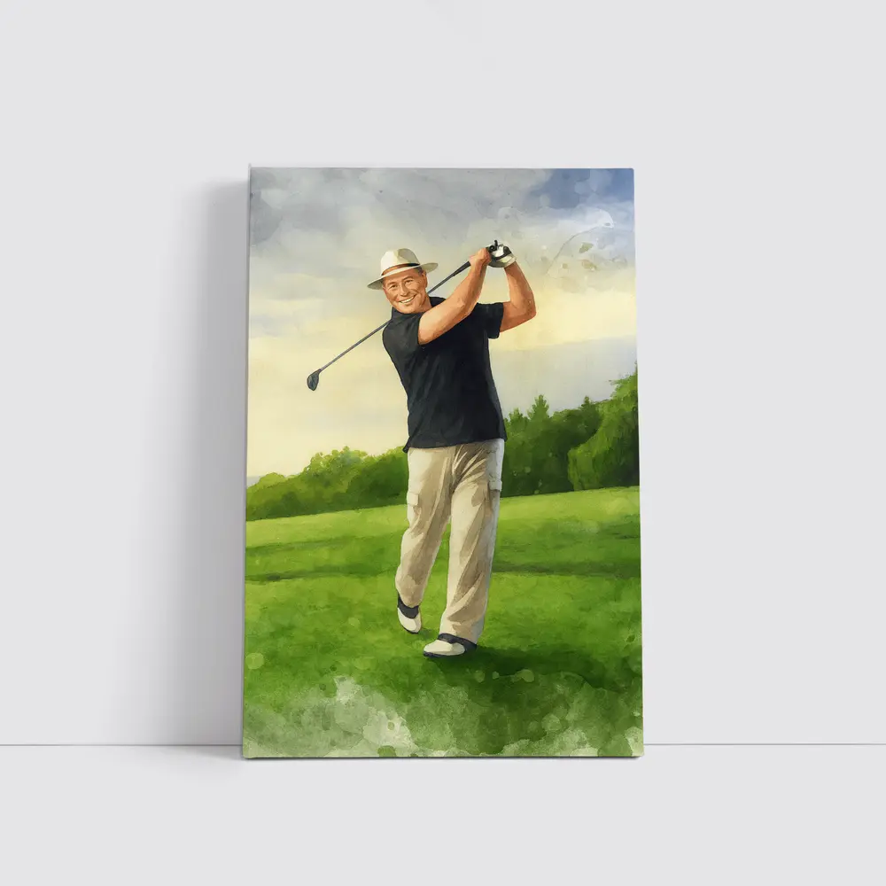 Watercolor Golfer Swing On Green Course – Wall Art