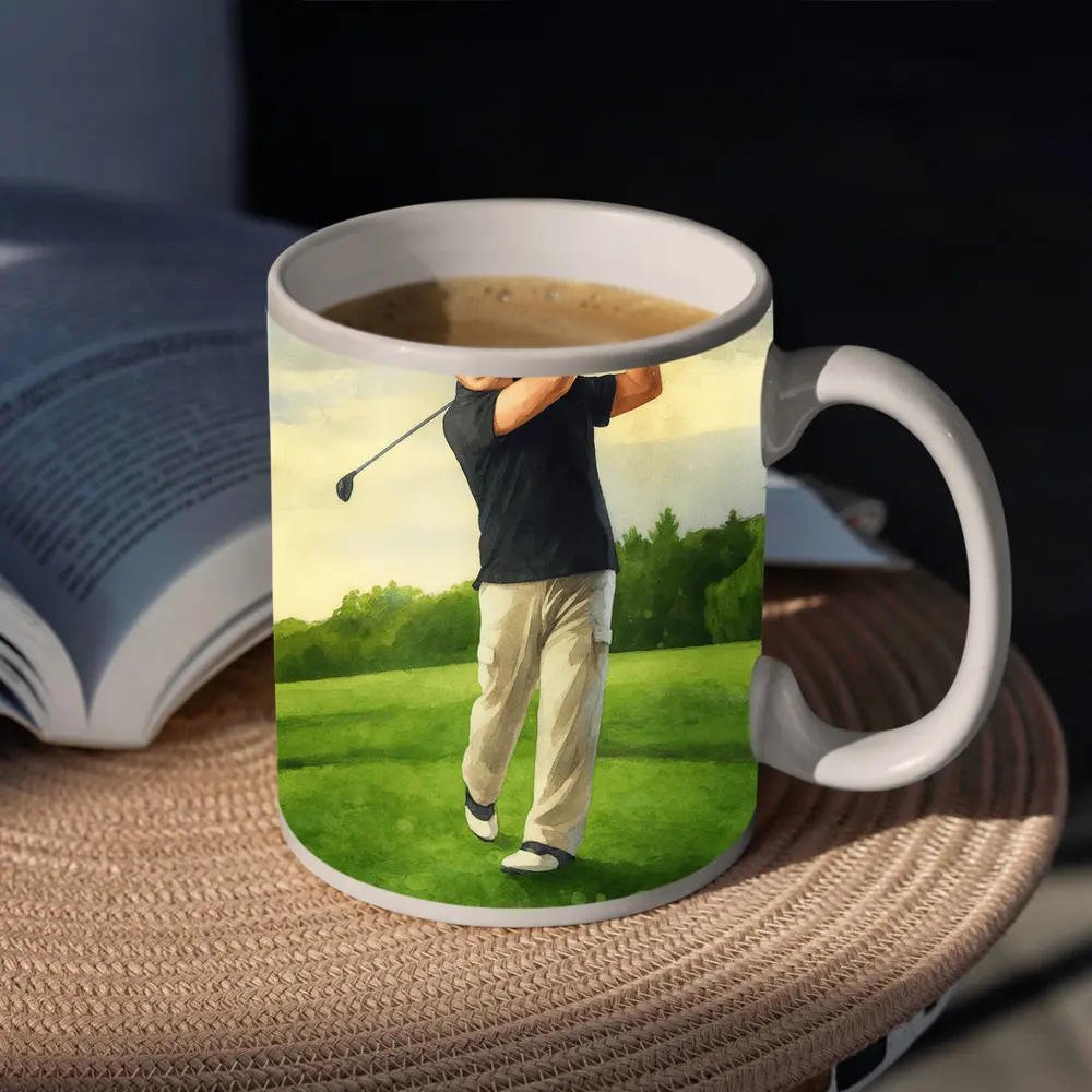 Watercolor Golfer Swing On Green Course – Mugs