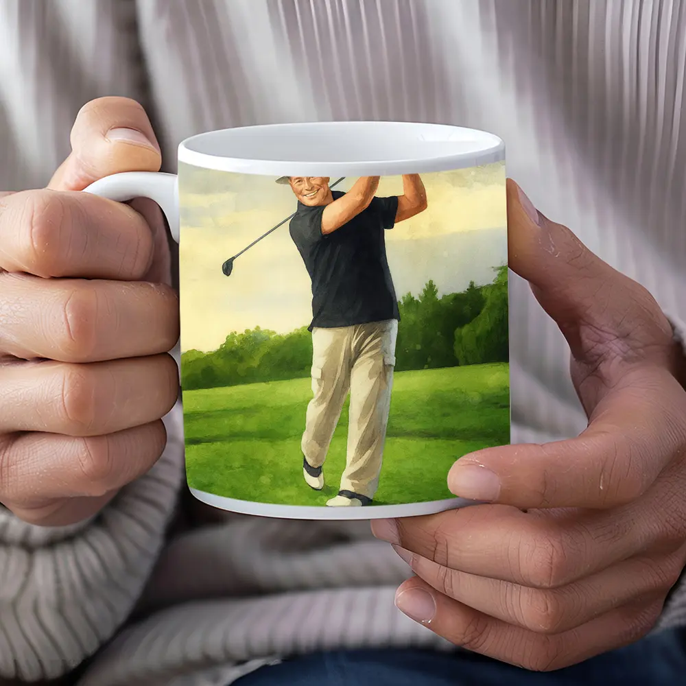 Watercolor Golfer Swing On Green Course – Mugs