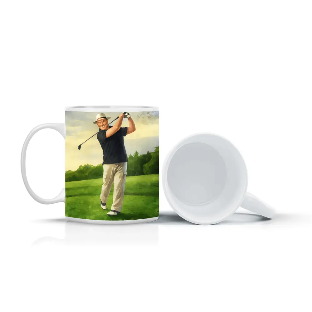 Watercolor Golfer Swing On Green Course – Mugs