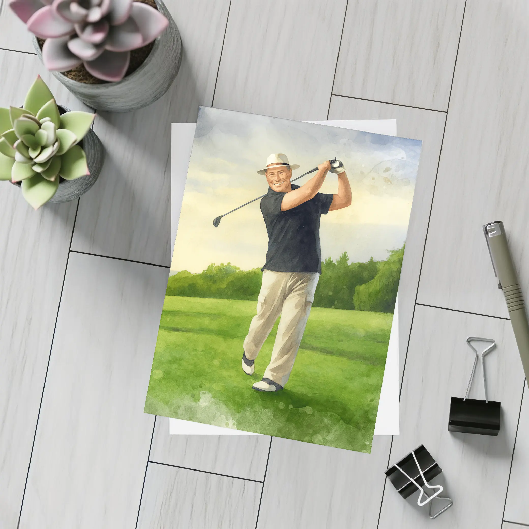 Watercolor Golfer Swing On Green Course – Postcards