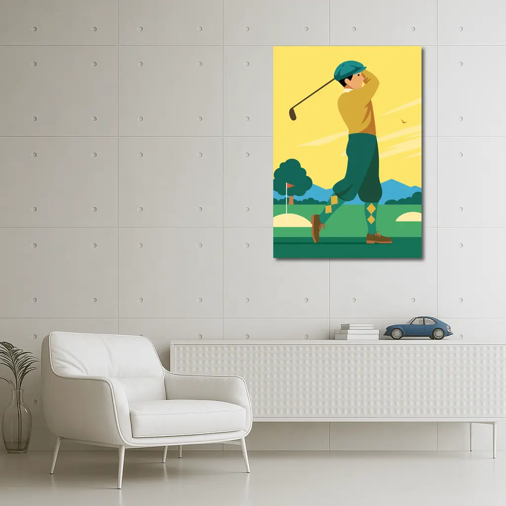 Retro Golfer Swing Yellow Sky Illustration – Wall Art