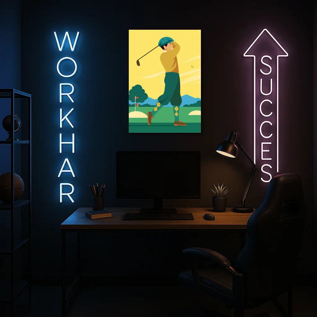 Retro Golfer Swing Yellow Sky Illustration – Wall Art