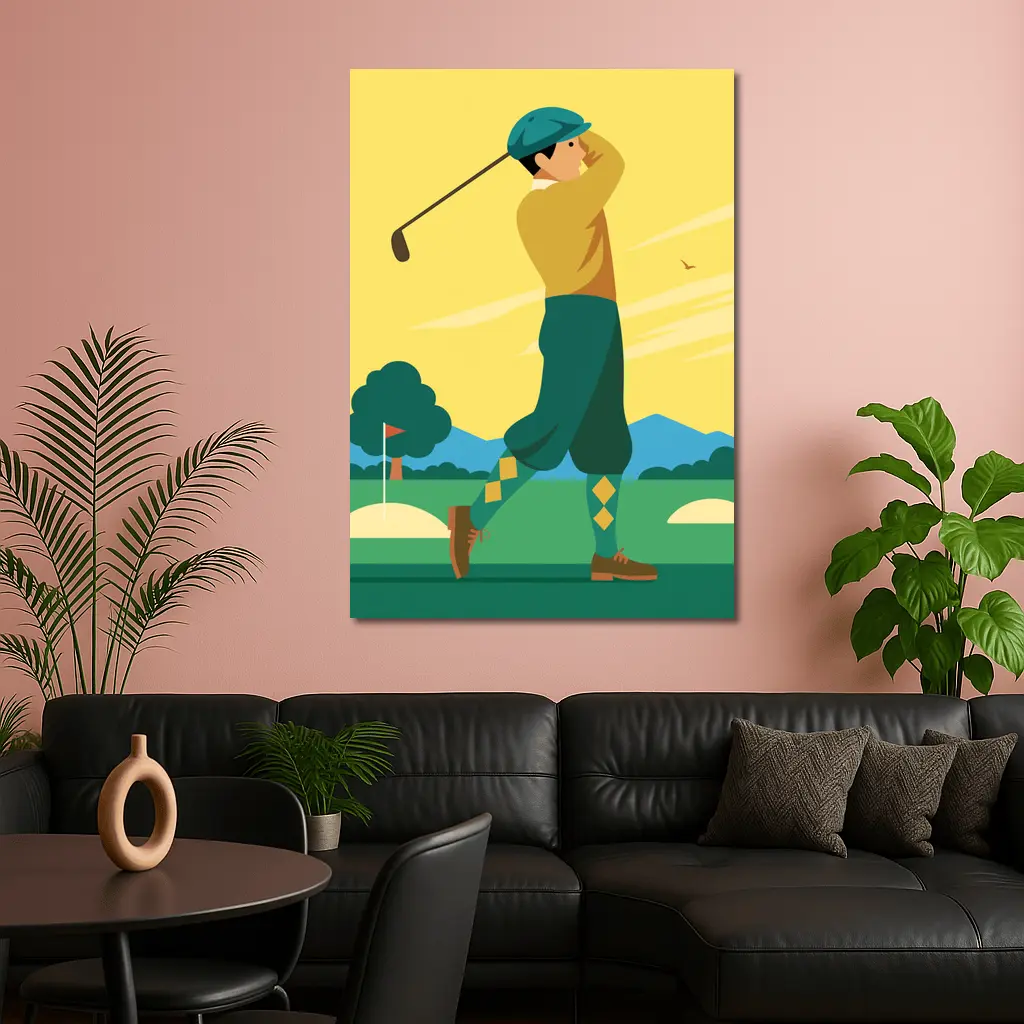Retro Golfer Swing Yellow Sky Illustration – Wall Art