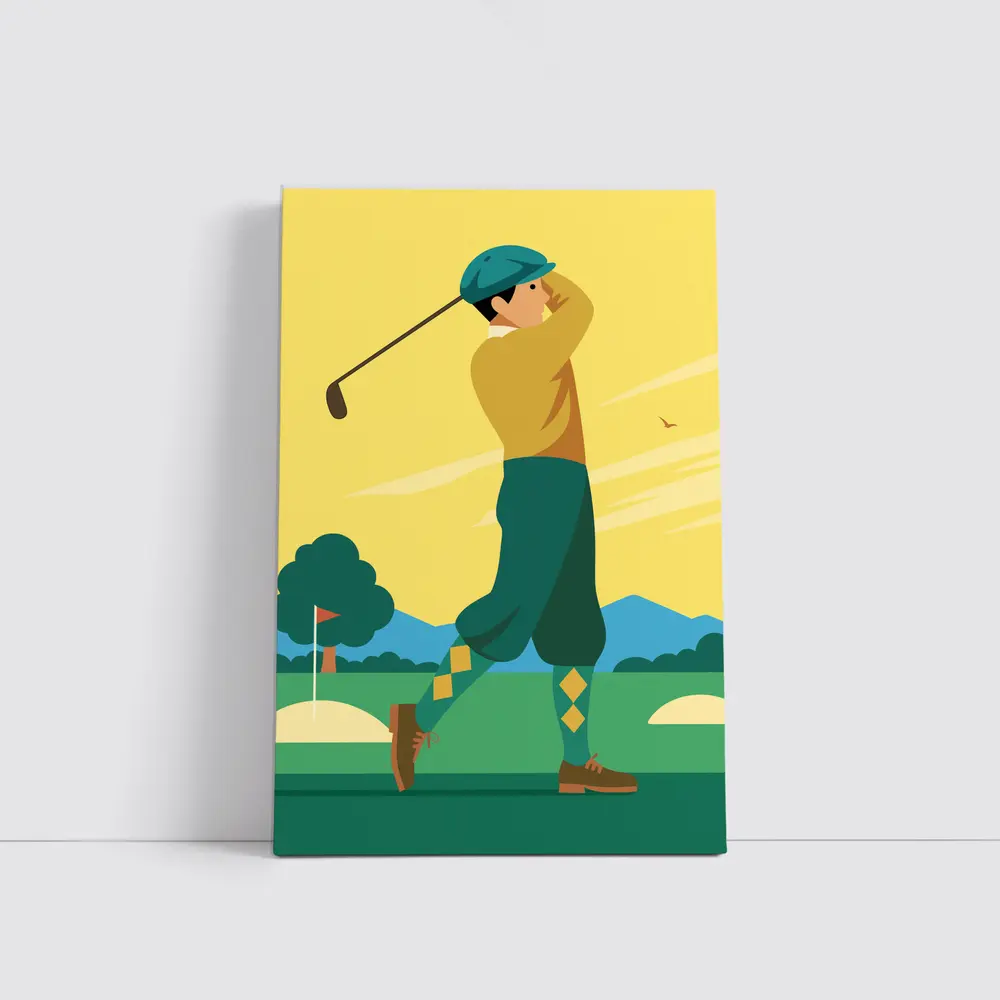 Retro Golfer Swing Yellow Sky Illustration – Wall Art