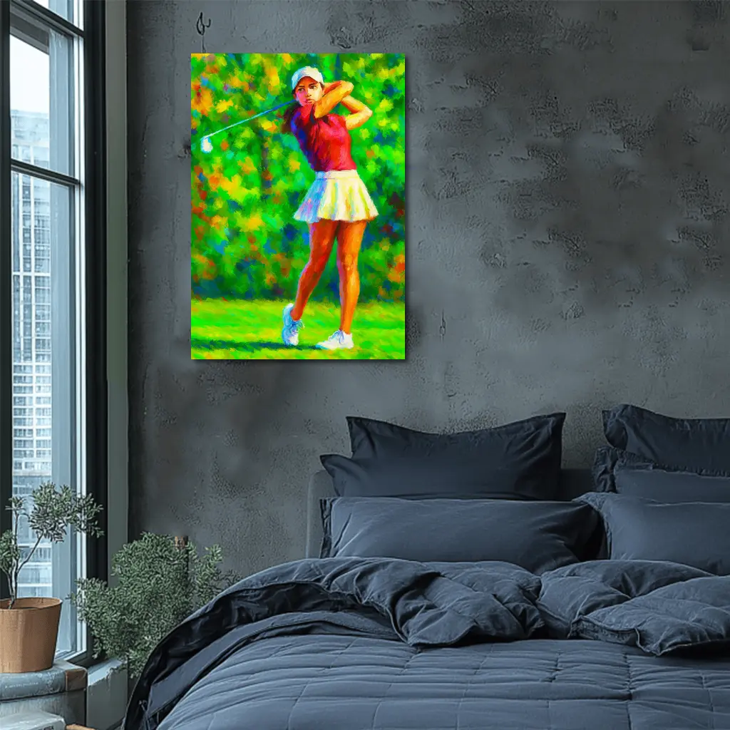 Woman Golfer Swing Impressionist Painting Green Course – Wall Art
