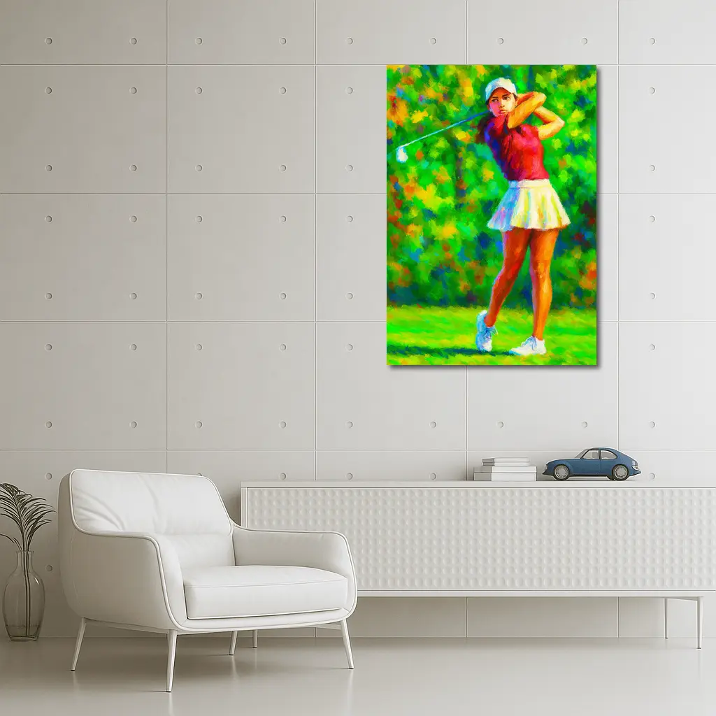 Woman Golfer Swing Impressionist Painting Green Course – Wall Art