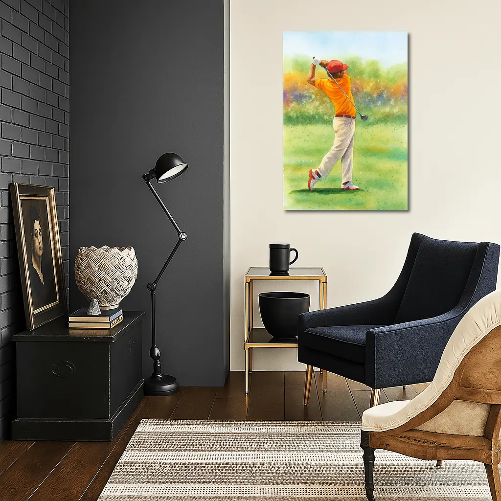 Watercolor Golfer Swinging Club on Green Course – Wall Art