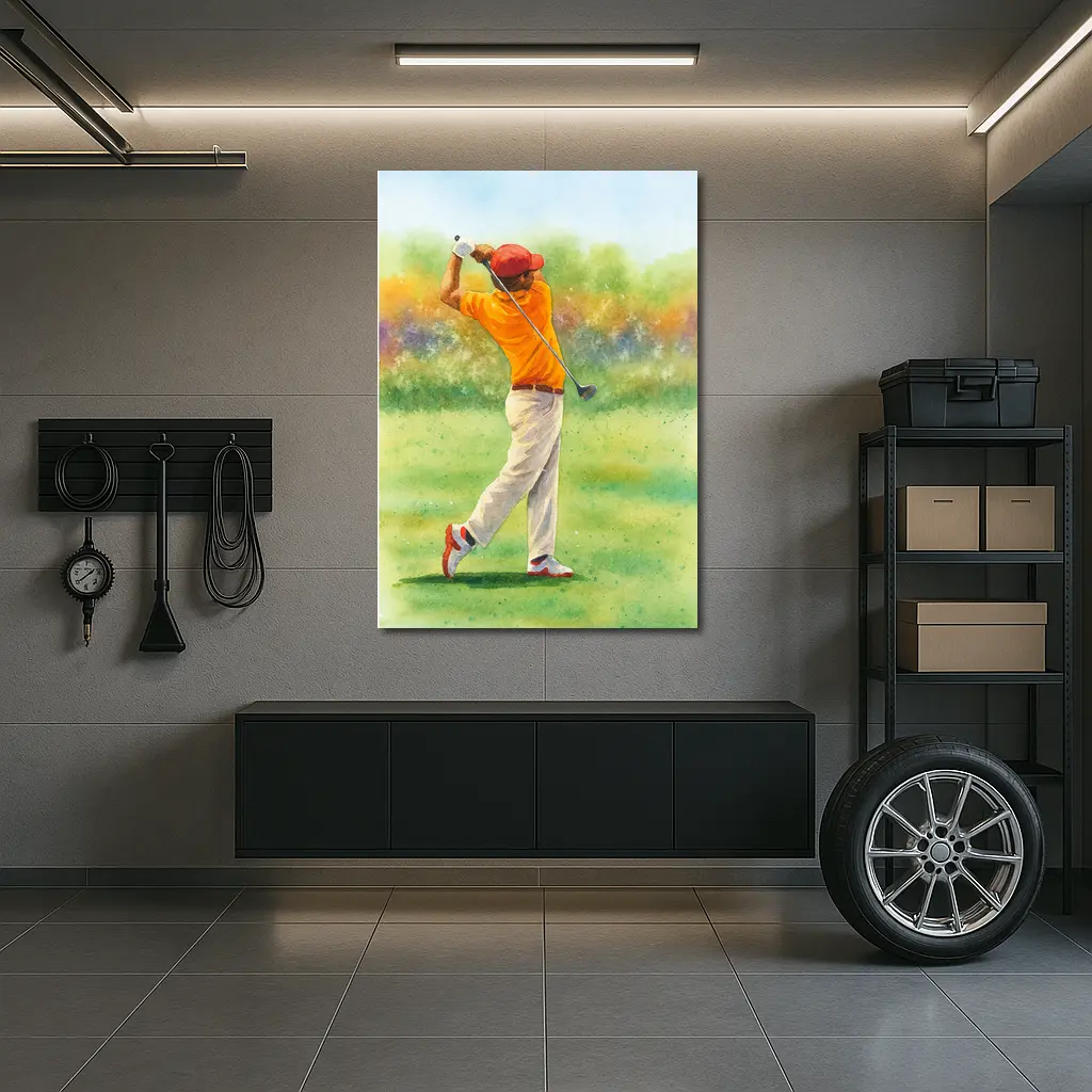 Watercolor Golfer Swinging Club on Green Course – Wall Art