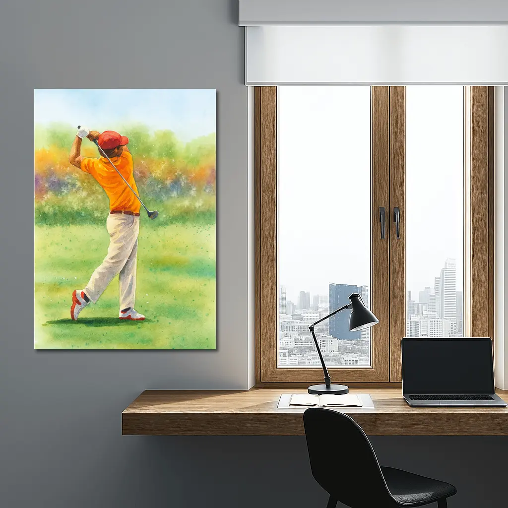 Watercolor Golfer Swinging Club on Green Course – Wall Art