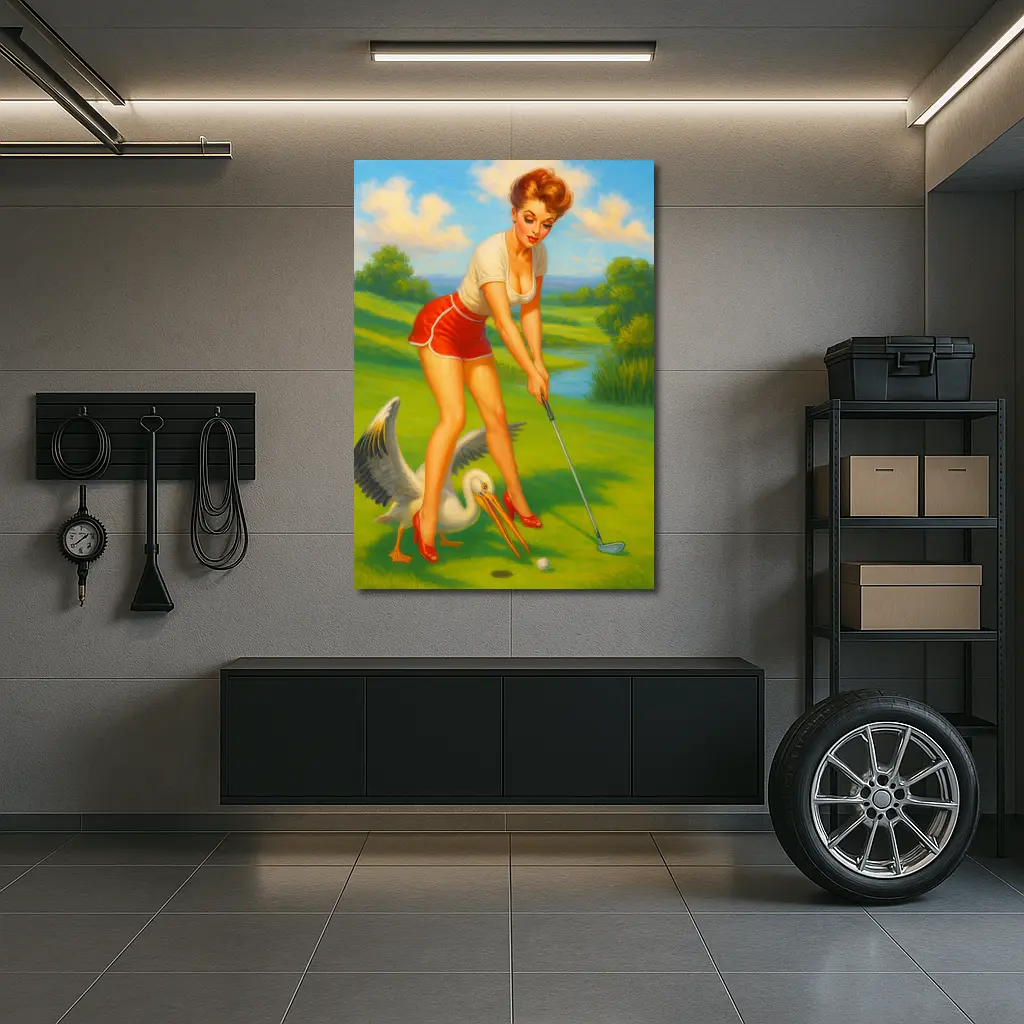 Pin Up Girl Golfing With Pelican Art – Wall Art