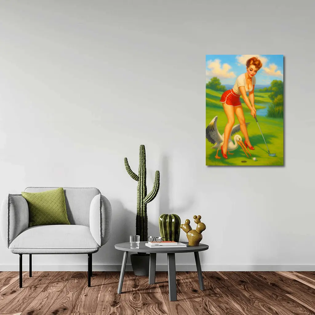 Pin Up Girl Golfing With Pelican Art – Wall Art