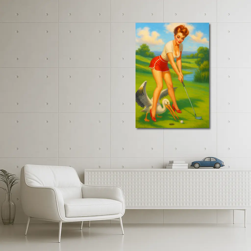 Pin Up Girl Golfing With Pelican Art – Wall Art