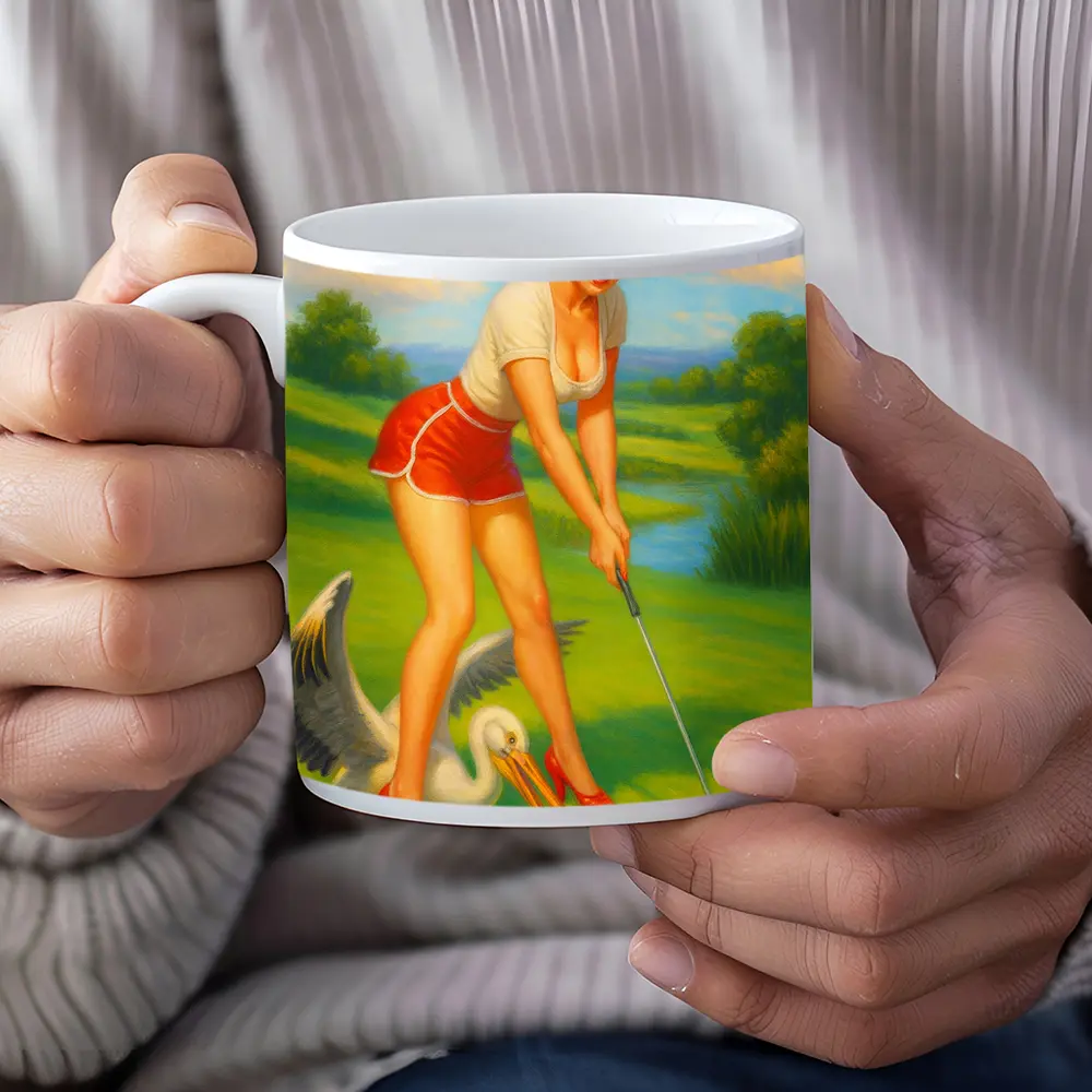 Pin Up Girl Golfing With Pelican Art – Mugs