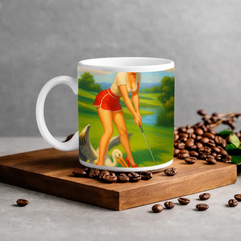 Pin Up Girl Golfing With Pelican Art – Mugs