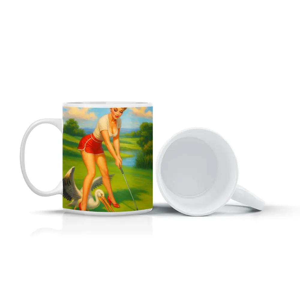 Pin Up Girl Golfing With Pelican Art – Mugs