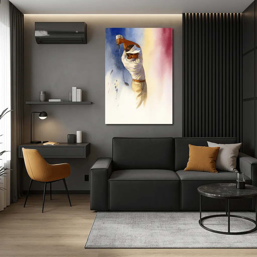 Watercolor Golfer Follow Through Colorful Background – Wall Art