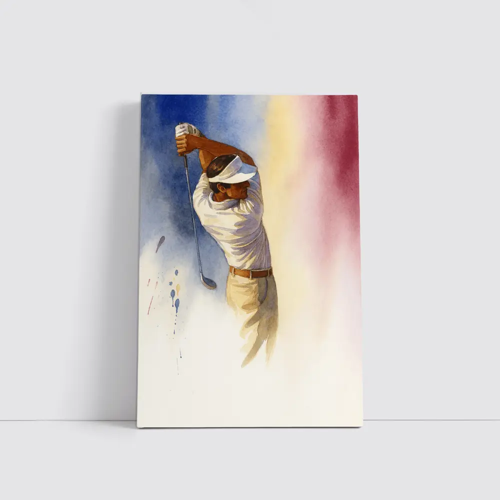Watercolor Golfer Follow Through Colorful Background – Wall Art