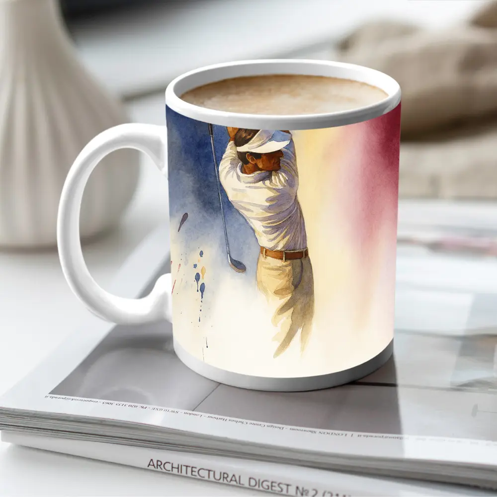 Watercolor Golfer Follow Through Colorful Background – Mugs