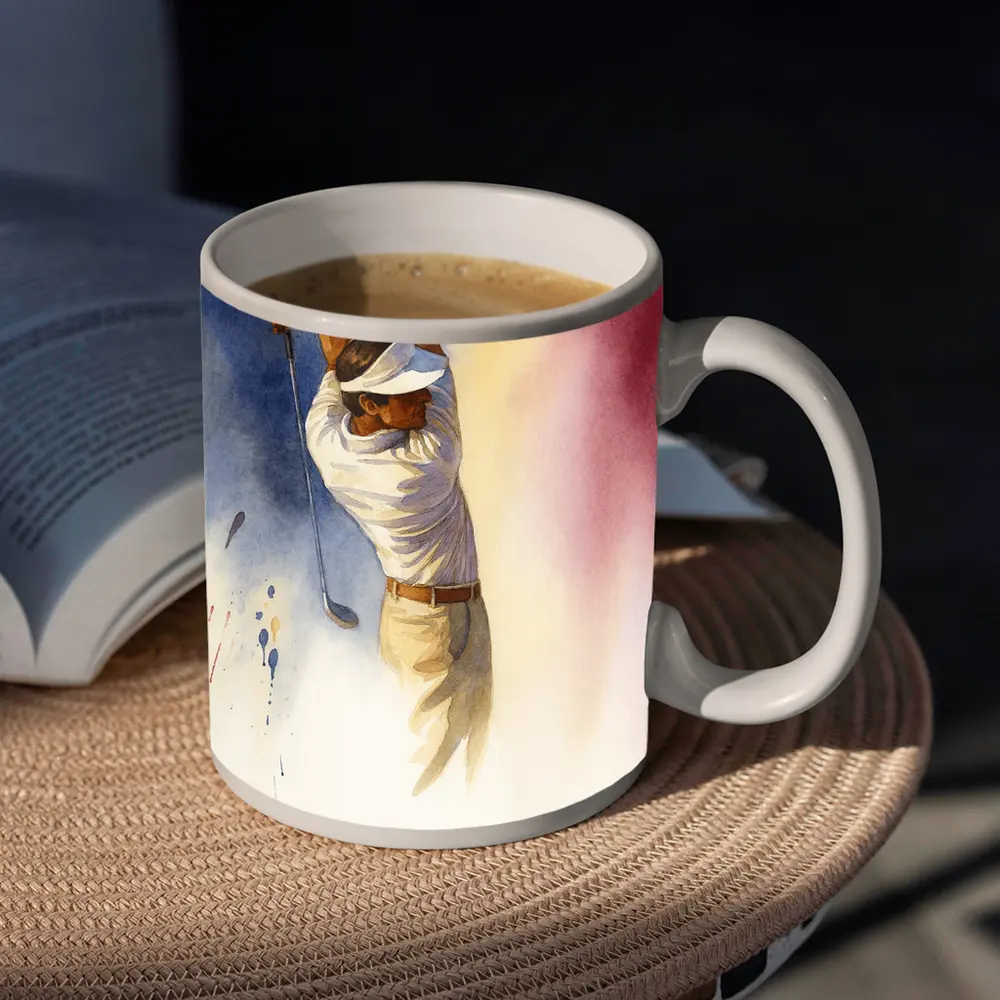 Watercolor Golfer Follow Through Colorful Background – Mugs