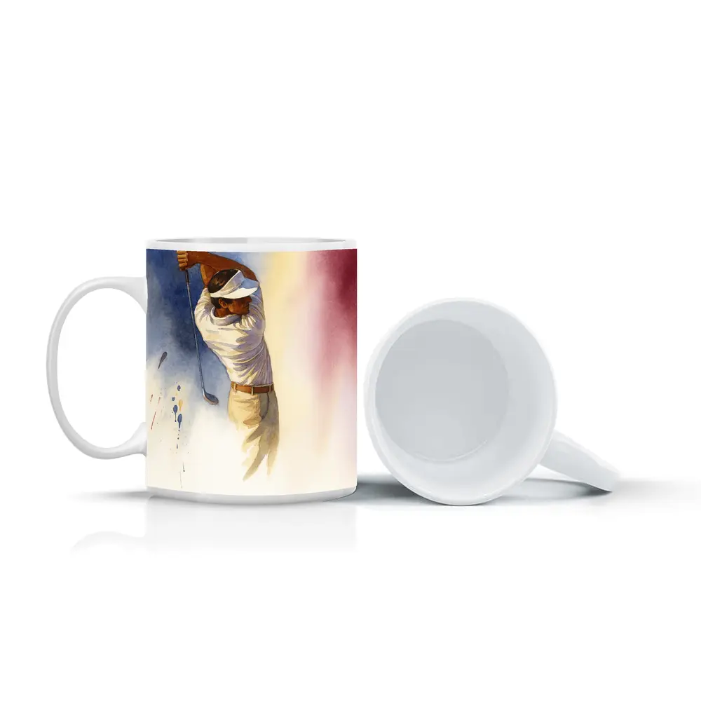 Watercolor Golfer Follow Through Colorful Background – Mugs